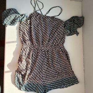 elevenses Navy and Cream Printed Girls Romper with Puff Sleeves